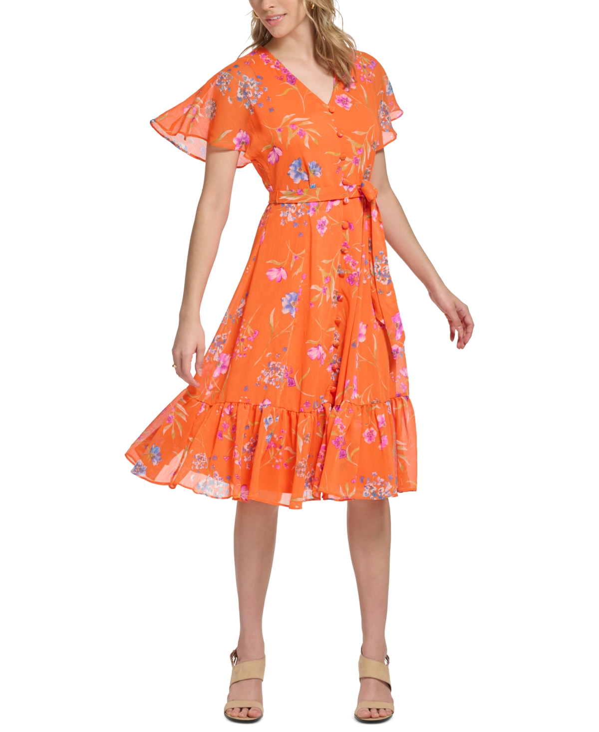 Calvin Klein Floral Flutter Sleeve Chiffon Midi Dress In Grenadine