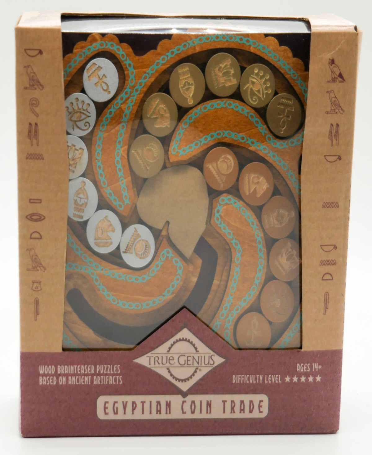 Egyptian Coin Trade Wooden Puzzle, High Difficulty, Brainteaser Challenge to Sort the Gold-Tone and Silver-Tone Coins into Different Columns