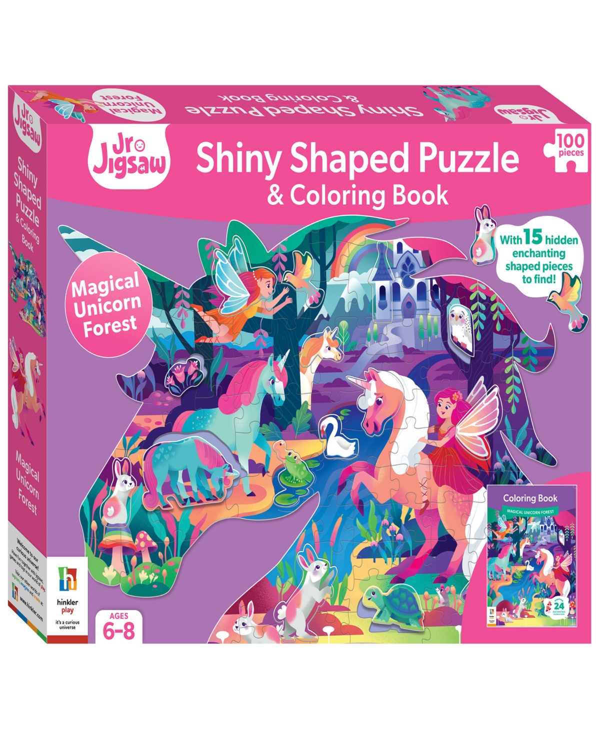 Jr. Jigsaw Kids' 100-piece Jigsaw Puzzle Magical Unicorn Forest Shiny Shaped Puzzle Coloring Book 19.3" X 14.2" Fanta In Multi
