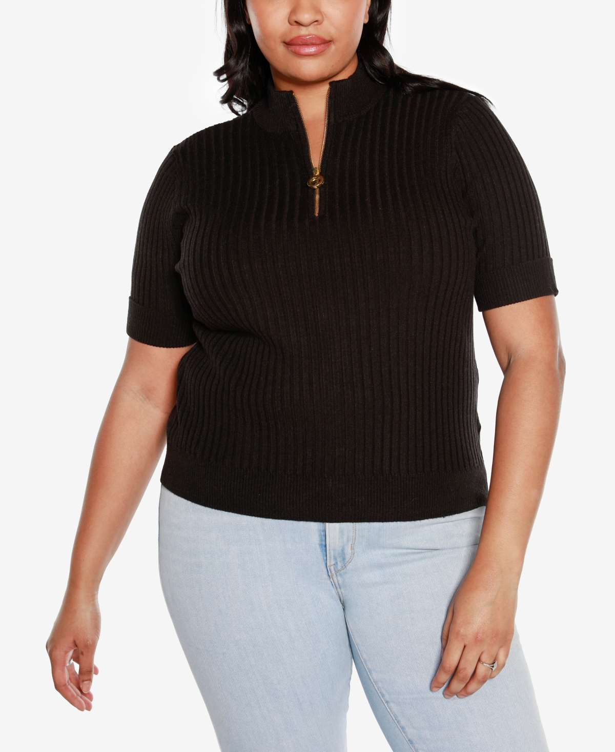 Black Label Plus Size Mock Neck Zip Front Ribbed Short Sleeve Sweater - Key Lime