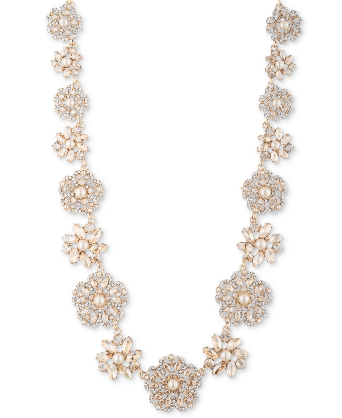 MARCHESA GOLD-TONE CRYSTAL & IMITATION PEARL CLUSTER FLOWER ALL-AROUND COLLAR NECKLACE, 16" + 3" EXTENDER