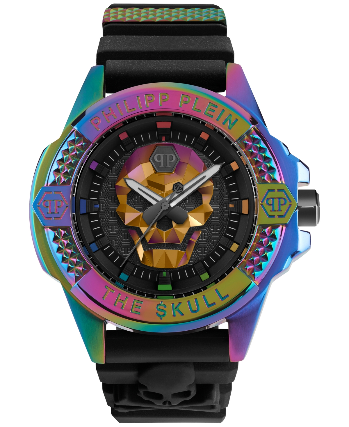 Shop Philipp Plein Men's The $kull Black Silicone Strap Watch 44mm In Ip Rainbow