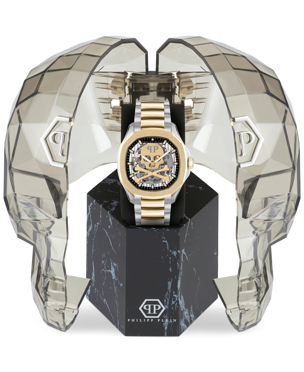 Shop Philipp Plein Men's Automatic Skeleton Spectre Two-tone Stainless Steel Bracelet Watch 42mm In Ip Yellow Gold,stainless Steel