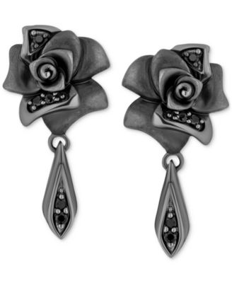 Enchanted Disney Fine Jewelry - Black Diamond Maleficent Flower Drop Earrings (1/10 ct. t.w.) in Black Rhodium-Plated Sterling Silver
