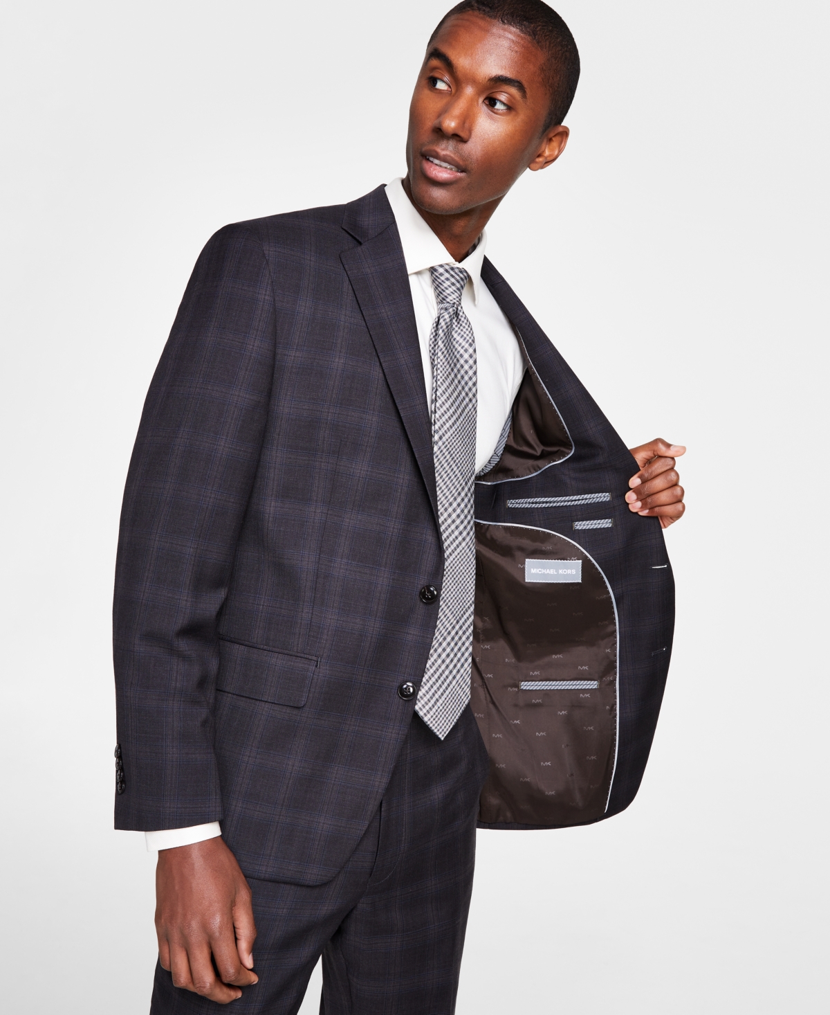 Michael Kors Men's Classic-Fit Wool-Blend Stretch Suit Separate Jacket -brown Plaid