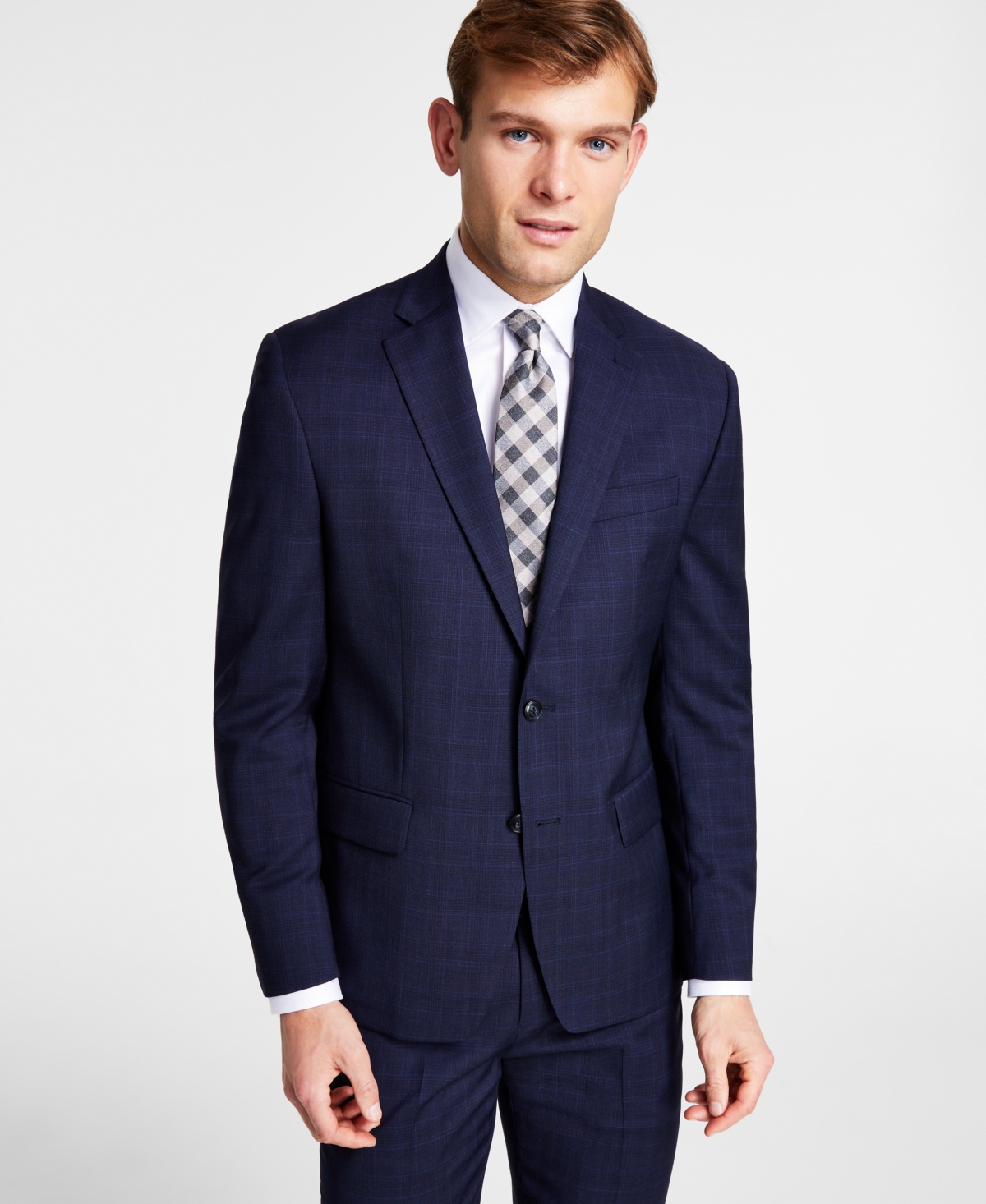 Men's Classic-Fit Stretch Wool-Blend Suit Jacket - Navy Plaid