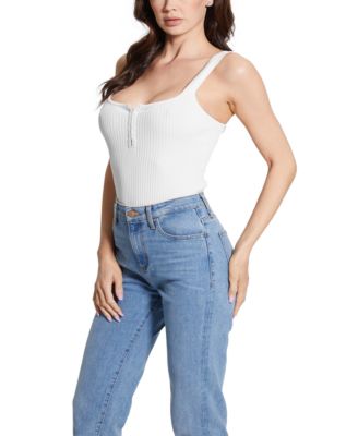 GUESS - Women's Kaylee Ribbed Split-Neck Tank Bodysuit