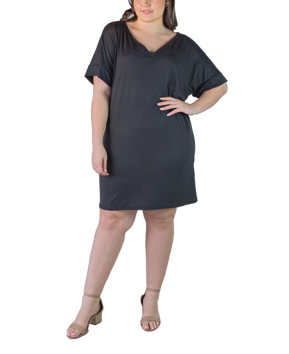 24seven Comfort Apparel Plus Size Loose Fit V-neck Knee Length Dress In Black