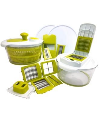 10-in-1 Multi-Use Salad Spinning Slicer, Dicer and Chopper with Interchangeable Blades and Storage Lids