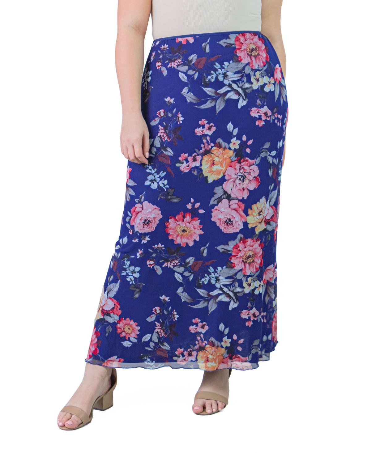 24seven Comfort Apparel Plus Size Sheer Overlay Elastic Waist Skirt In Blue Multi