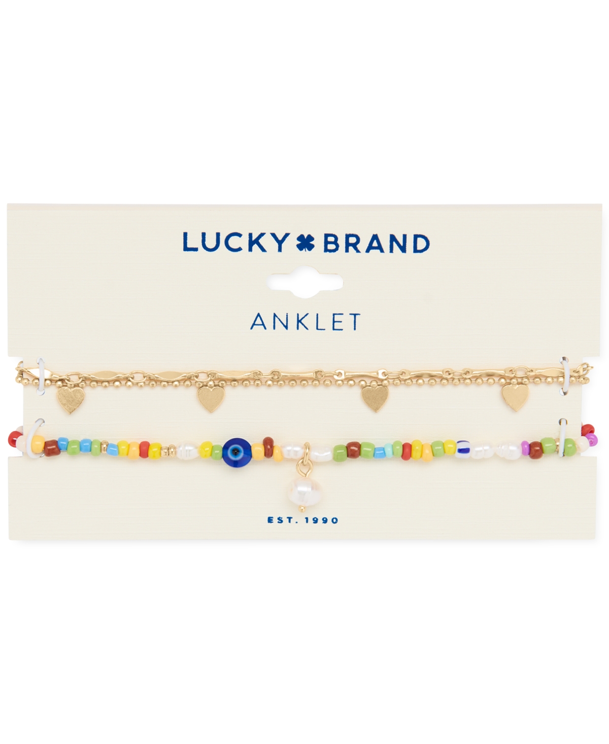 Lucky Brand Gold-Tone 2-Pc. Set Colorful Bead & Dangling Heart Link Ankle Bracelets