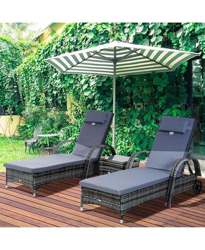 Outsunny 3 Piece Outdoor Furniture Set, 2 Reclining Chaise Lounge
