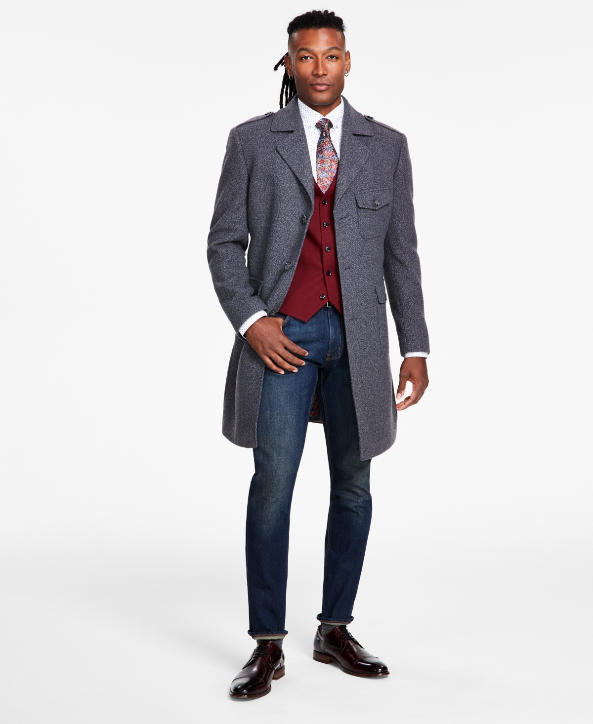 Men's Classic-Fit Plaid Self Belted Wool Blend Overcoats - Charcoal