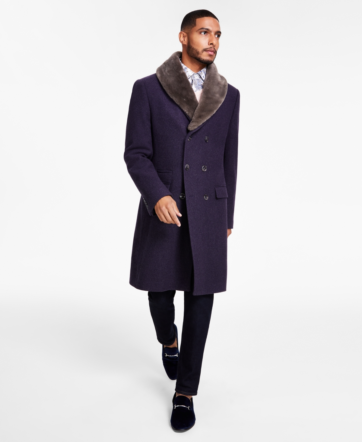 Tayion Collection Men's Classic-fit Double-breasted Wool Blend Overcoats In Purple