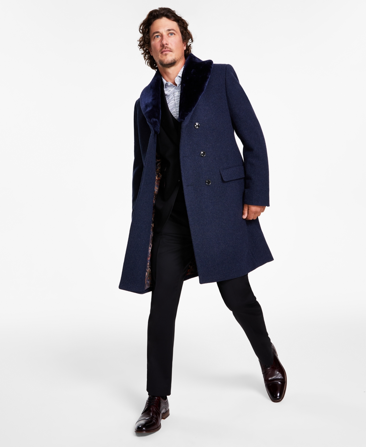Tayion Collection Men's Classic-fit Double-breasted Wool Blend Overcoats In Indigo