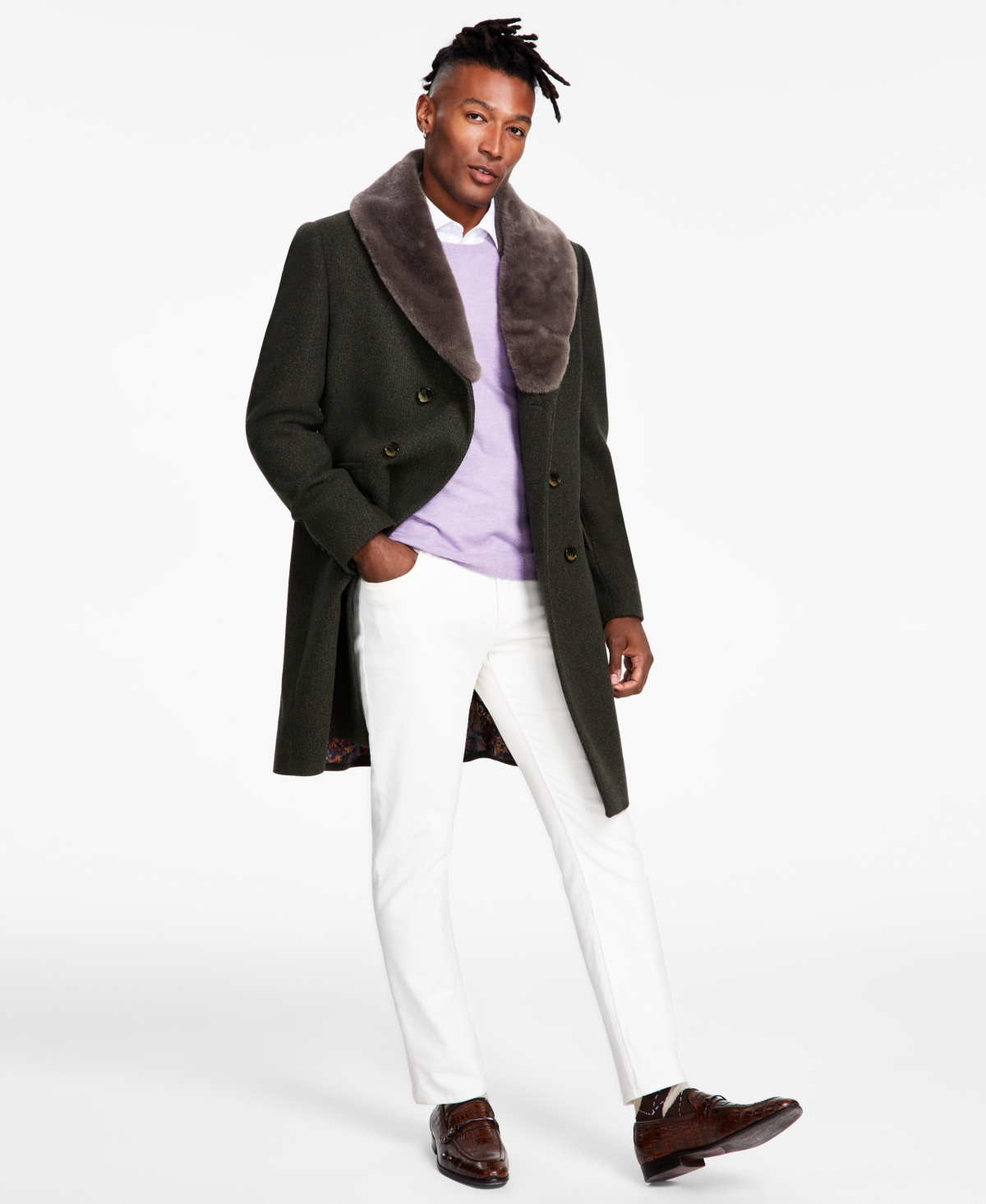 Men's Classic-Fit Double-Breasted Wool Blend Overcoats - Olive