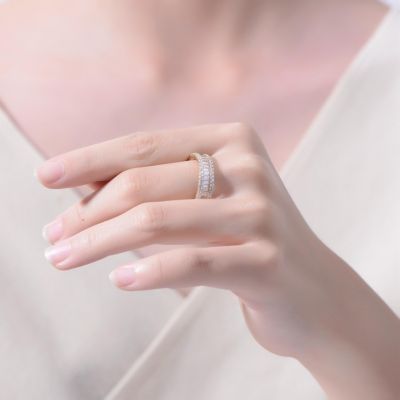 14K Gold Plated Baguette and Round Triple-Row CZ Band Ring