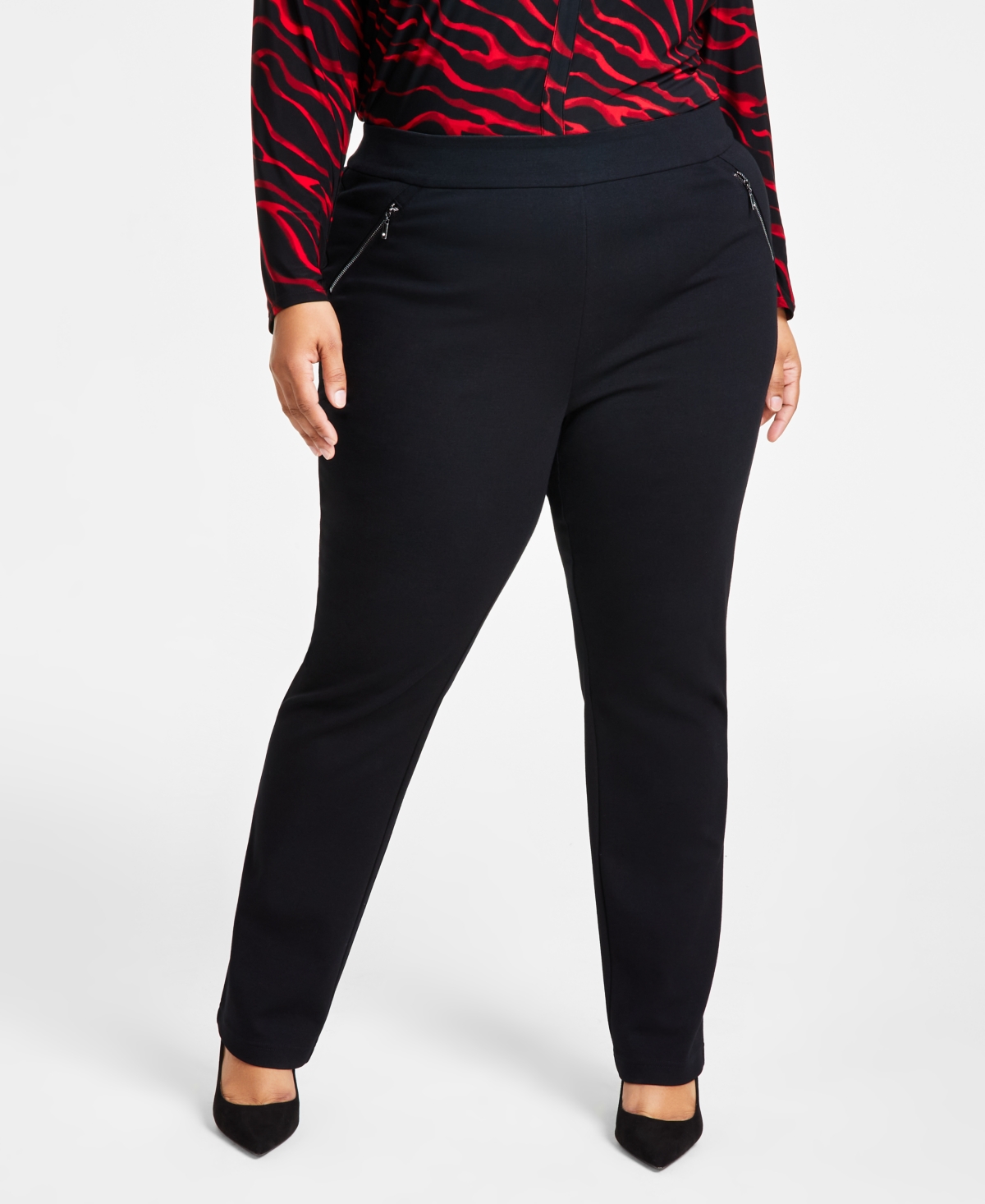 Plus Size High Rise Pull-On Straight-Leg Pants, Created for Macy's - Deep Black