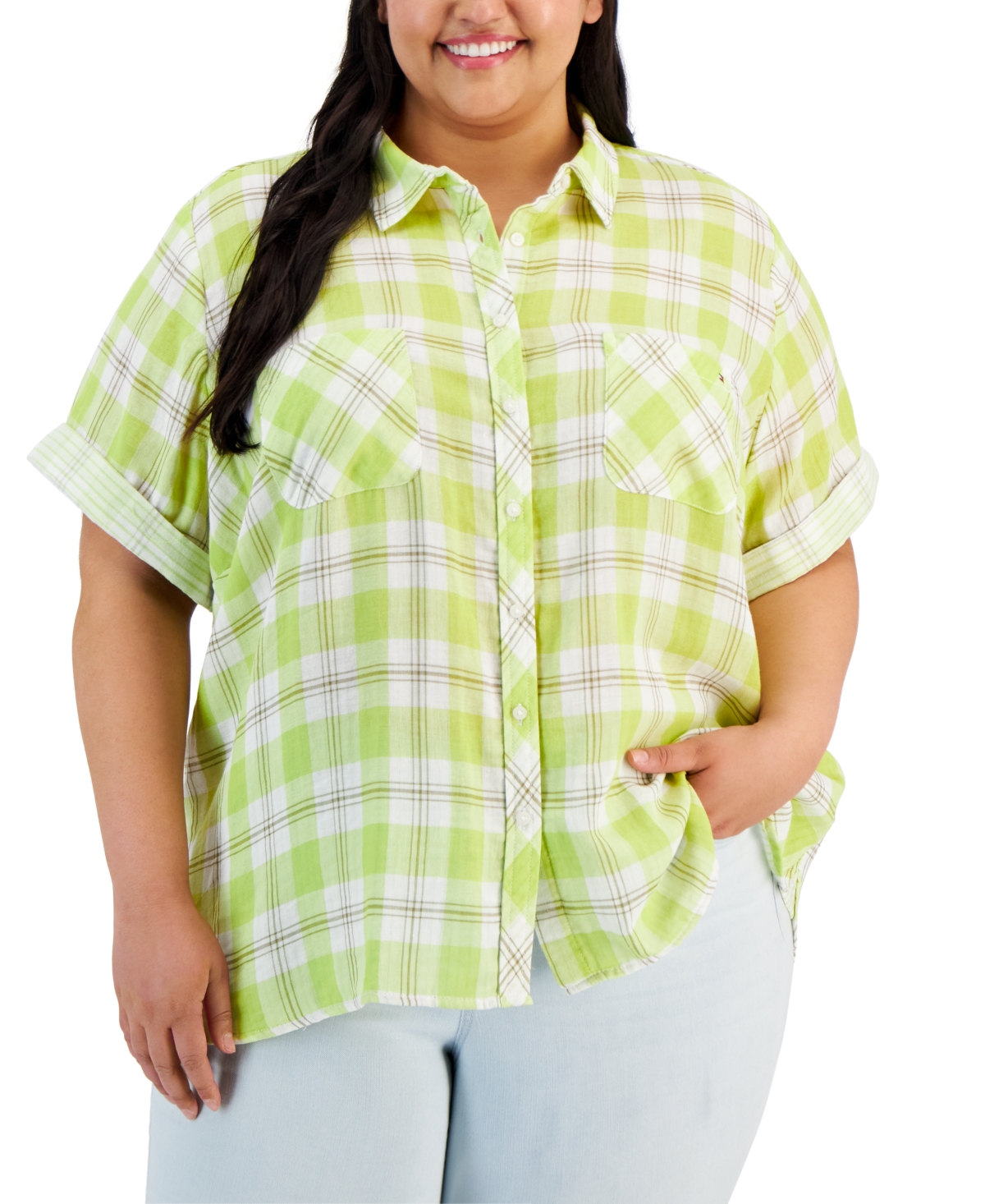 Tommy Hilfiger Plus Size Cotton Button-front Camp Shirt In Bright Chartreuse Multi