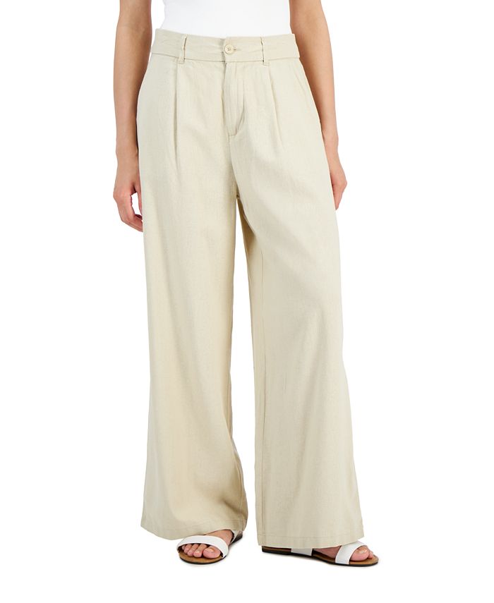 Rewash Juniors' Linen High-Rise Wide-Leg Pleat-Front Trouser Pants - Macy's