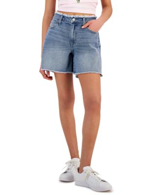Tinseltown - Juniors' High-Rise Distressed Mom Shorts