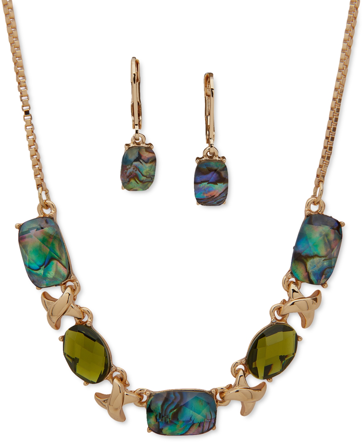 Anne Klein Gold-tone Mixed Stone Xo Statement Necklace & Drop Earrings Set In Green