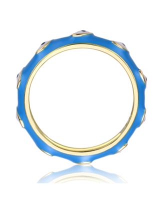 RA Young Adults/Teens 14k Yellow Gold Plated Blue Bamboo White Evil Eye Enamel Slim Stacking Band Ring