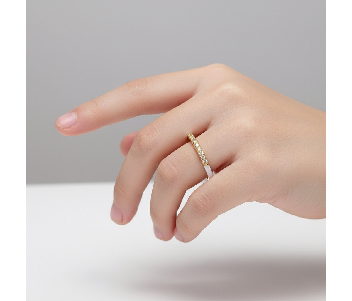 Ra Young Adults/Teens 14k Yellow Gold Plated with Cubic Zirconia White Enamel Half & Slim Stacking Ring