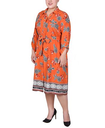 Navy Border 3/4 Roll Tab Sleeve Belted Shirtdress - Plus