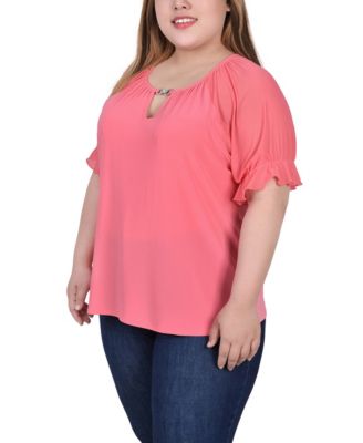 Plus Size Short Ruffle Sleeve Top with Rhinestones