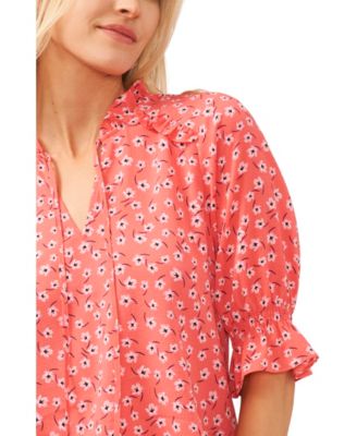 Women's 3/4-Sleeve Tie Neck Floral Print Blouse