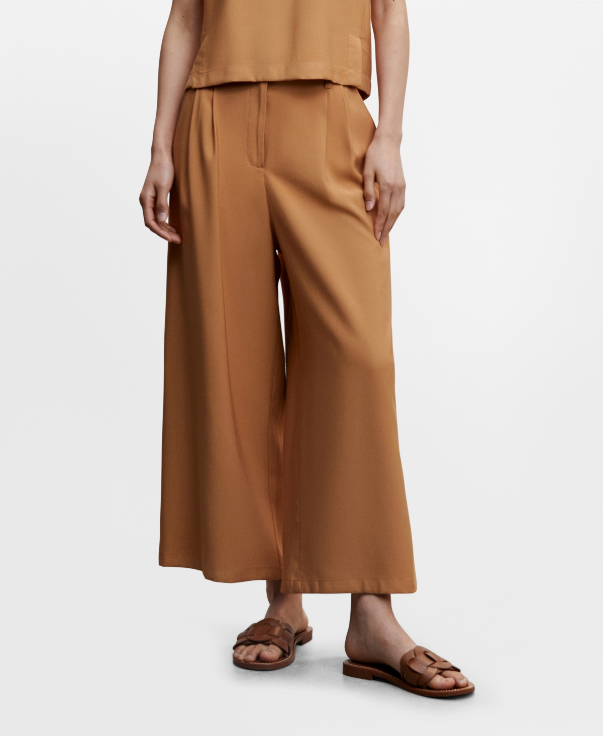 Mango Pleated Culottes Trousers Caramel In Caramel