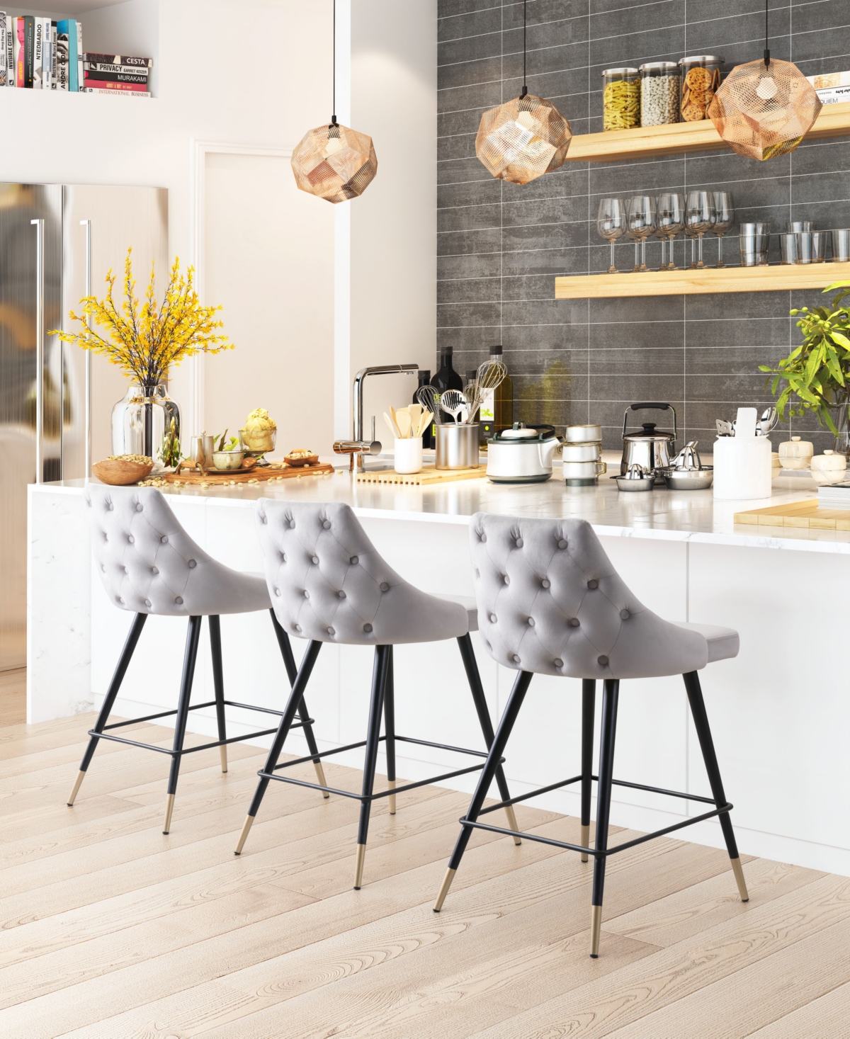 Zuo Steel, Polyester Piccolo Pencil Legs Counter Chair - Black and Gold