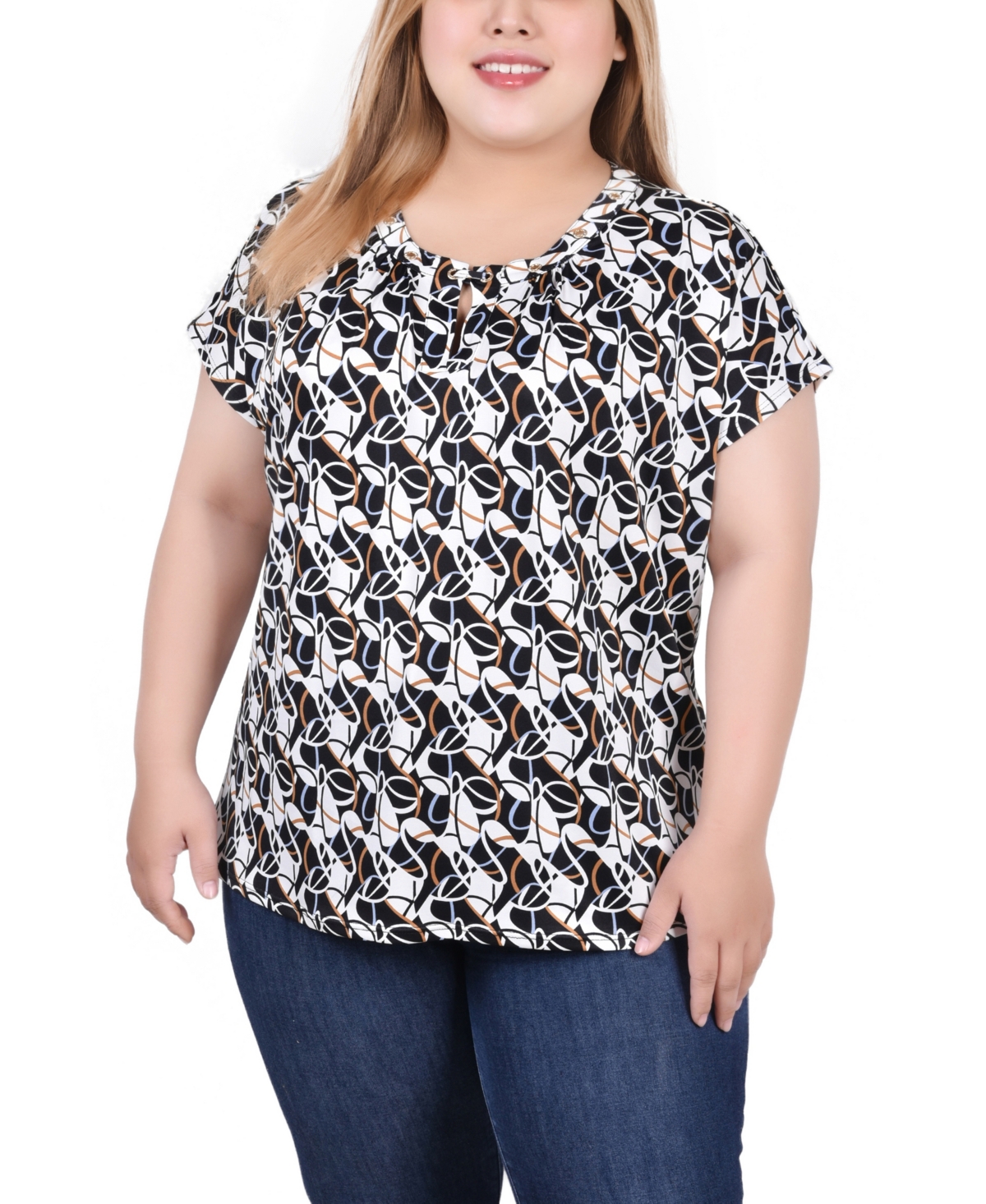 Ny Collection Plus Size Extended Sleeve Top With Grommets In Black Blue Taupe Abstract