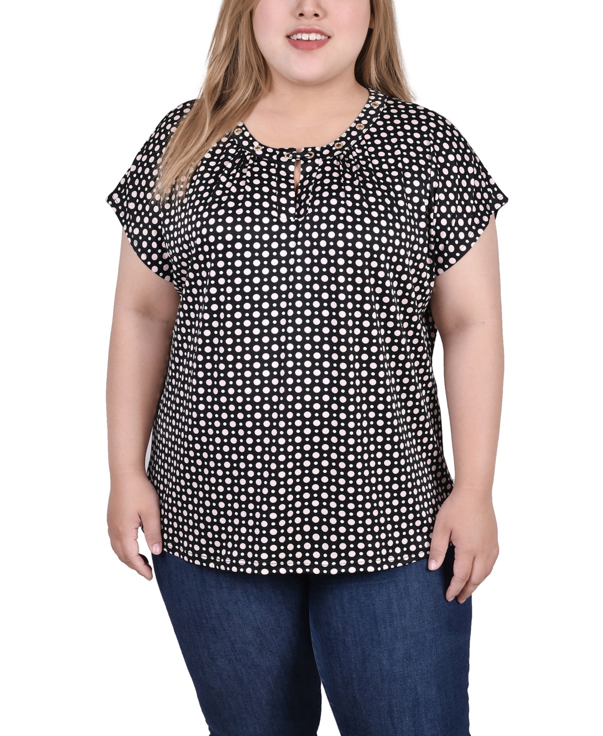 Ny Collection Plus Size Extended Sleeve Top With Grommets In Black White Pink Dot