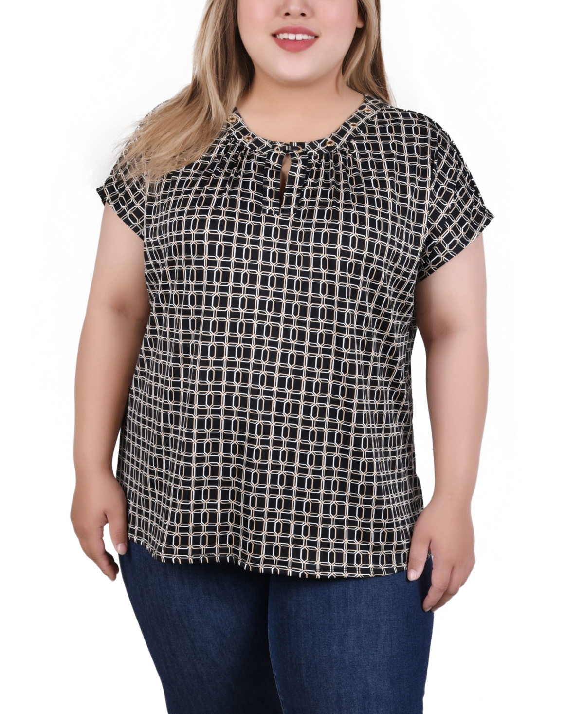 Shop Ny Collection Plus Size Extended Sleeve Top With Grommets In Black Gold Harlie