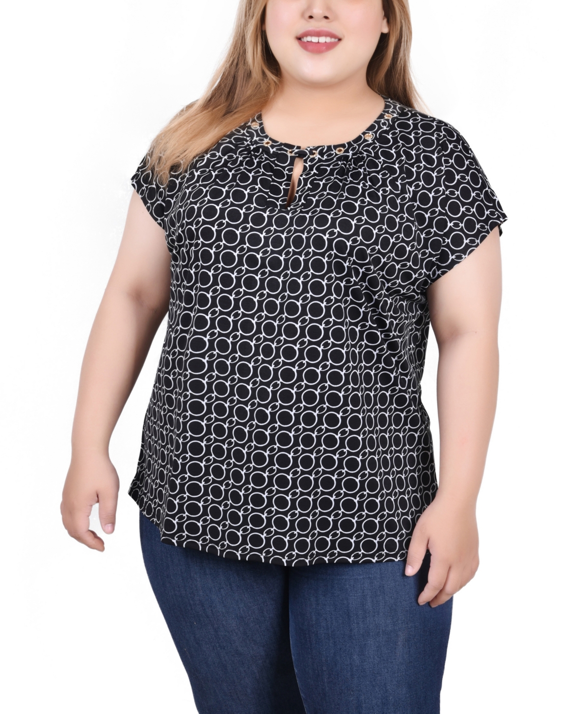 Ny Collection Plus Size Extended Sleeve Top With Grommets In Black White Circle Chain