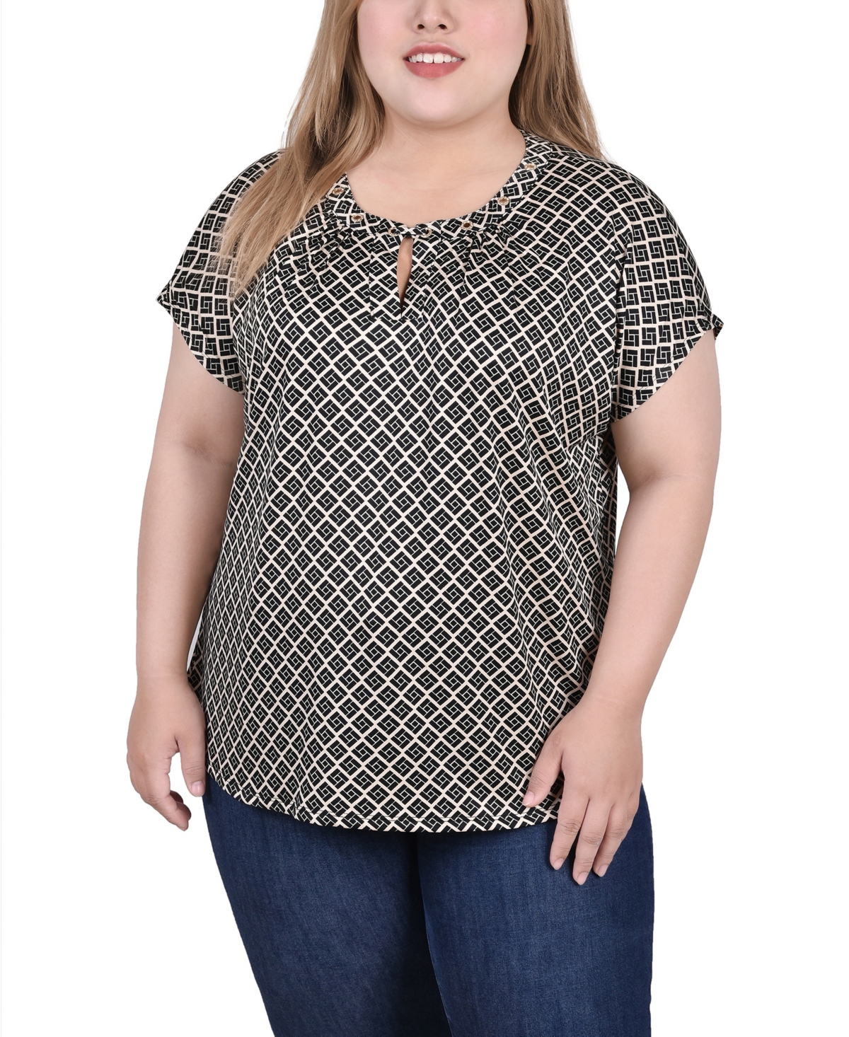 Ny Collection Plus Size Extended Sleeve Top With Grommets In Doeskin Black Allie