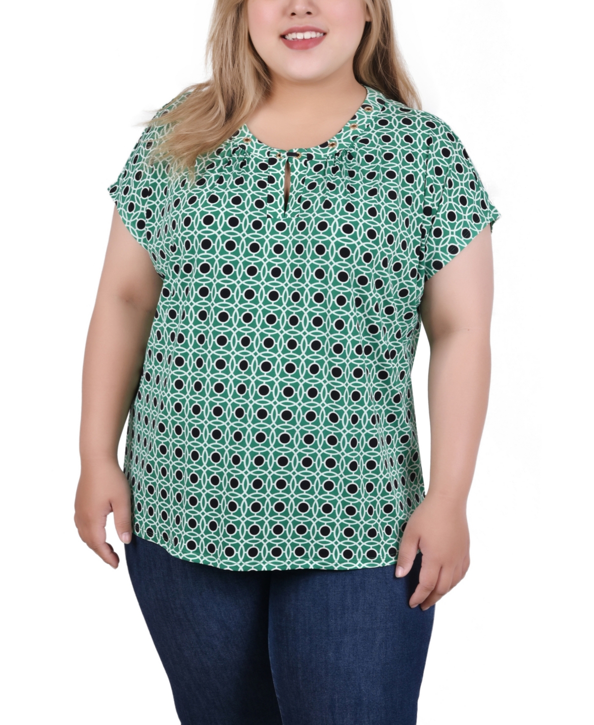 Ny Collection Plus Size Flutter Sleeve Top With Criss Cross Strips In Green Alcalacirc