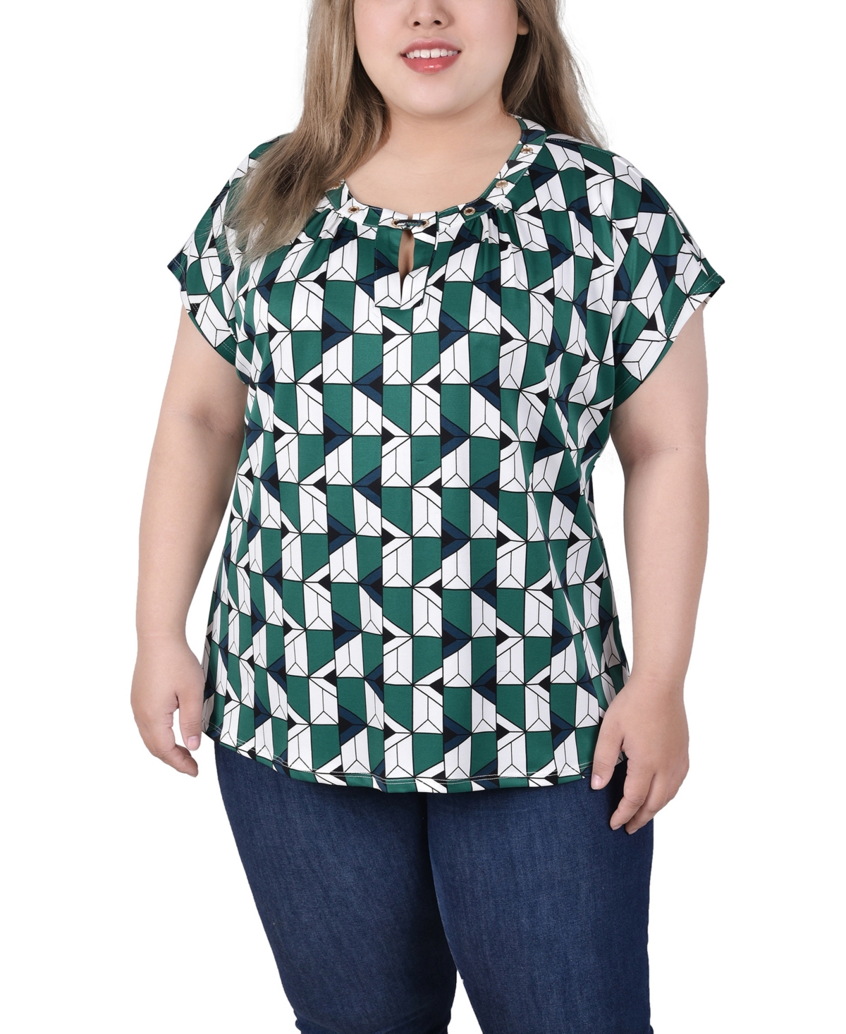 Ny Collection Plus Size Extended Sleeve Top With Grommets In Kelly Green Ivory Geo Link