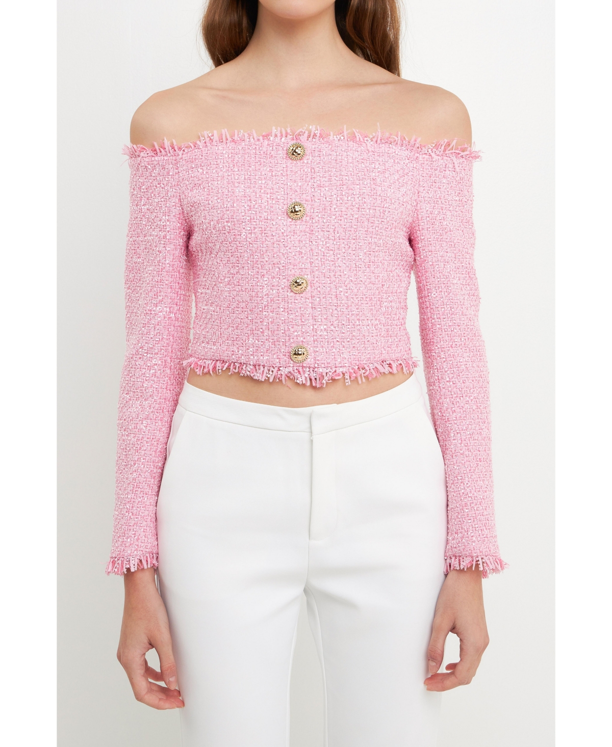 Endless Rose Off The Shoulder Tweed Crop Top In Pink