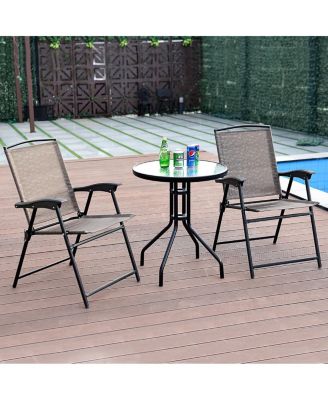 3PC Bistro Patio Garden Furniture Set 2 Folding Chairs Glass Table Top Steel
