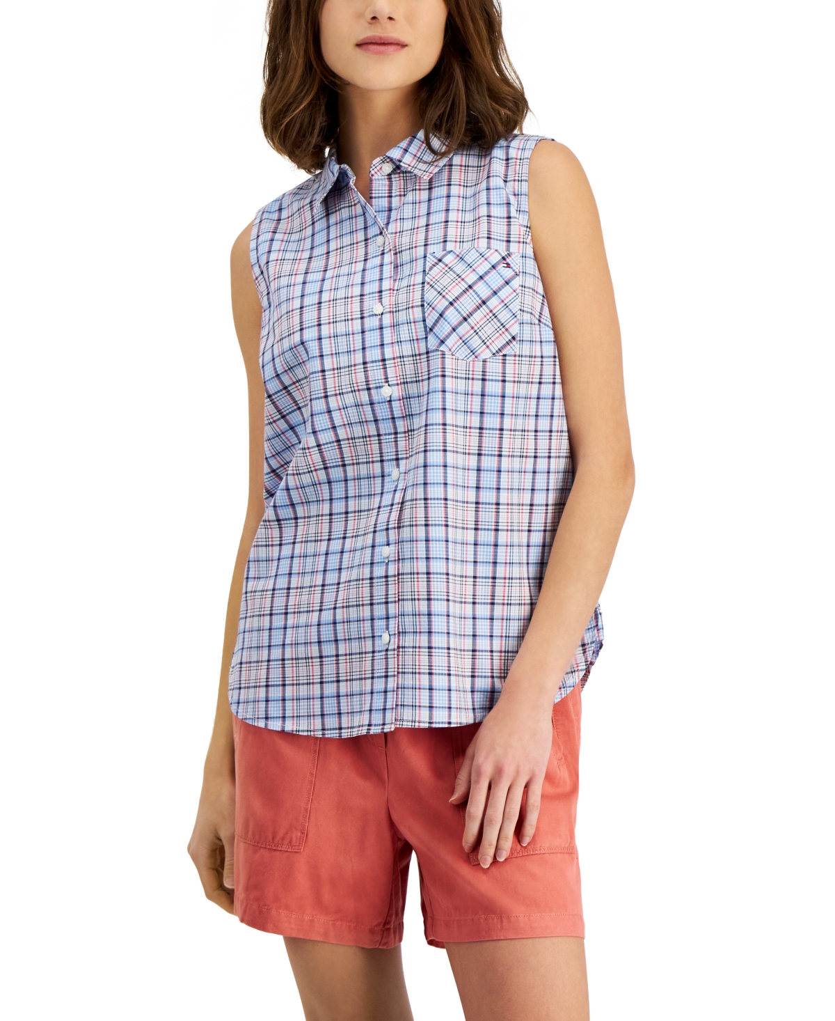 Tommy Hilfiger Women's Cotton Plaid Sleeveless Shirt In Ahoy Plaid- Blue Multi