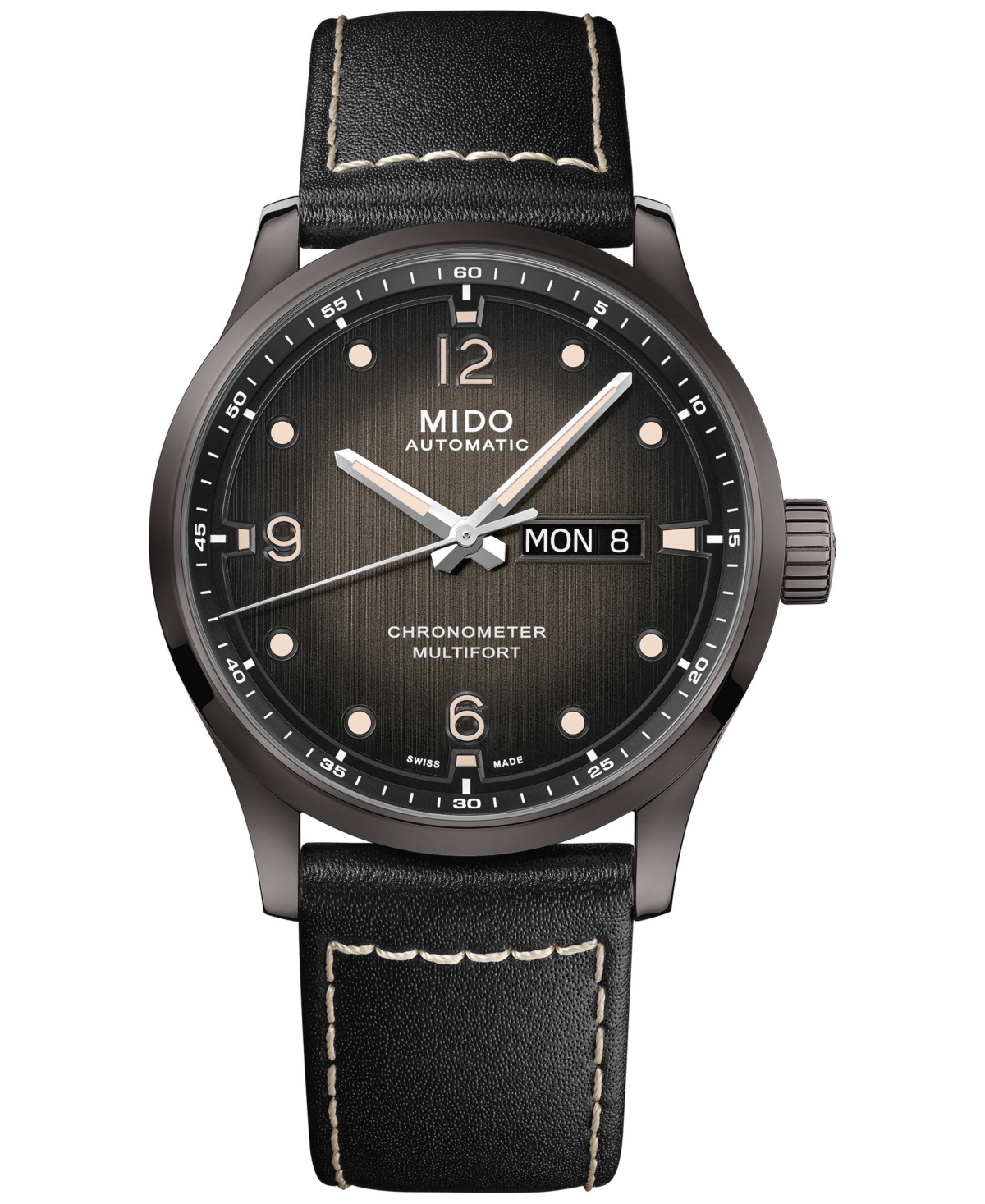 Men's Swiss Automatic Multifort Chronometer Black Leather Strap Watch 42mm - Black
