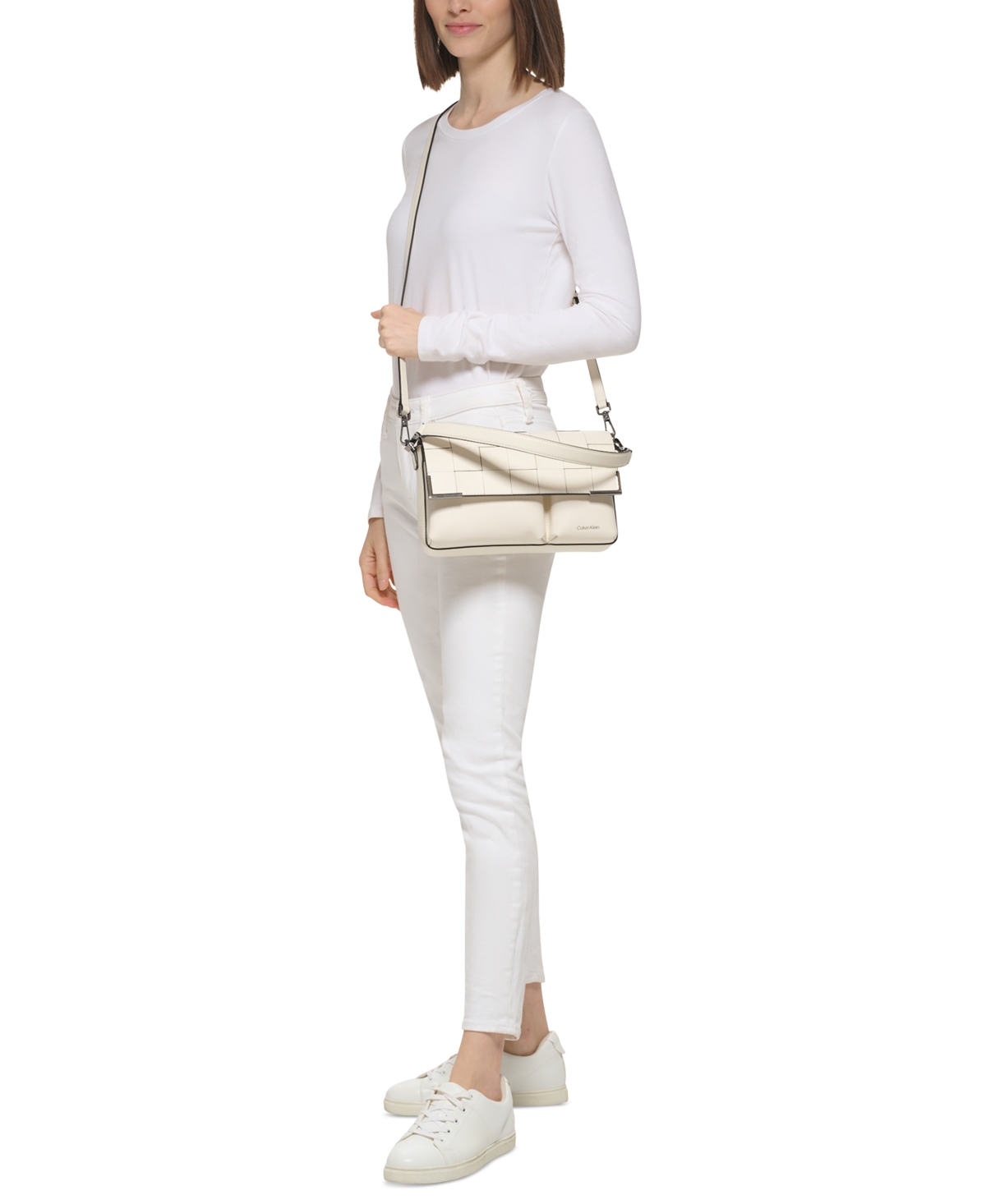 Shop Calvin Klein Mica Woven Magnetic Flap Convertible Shoulder Bag In Dove Grey
