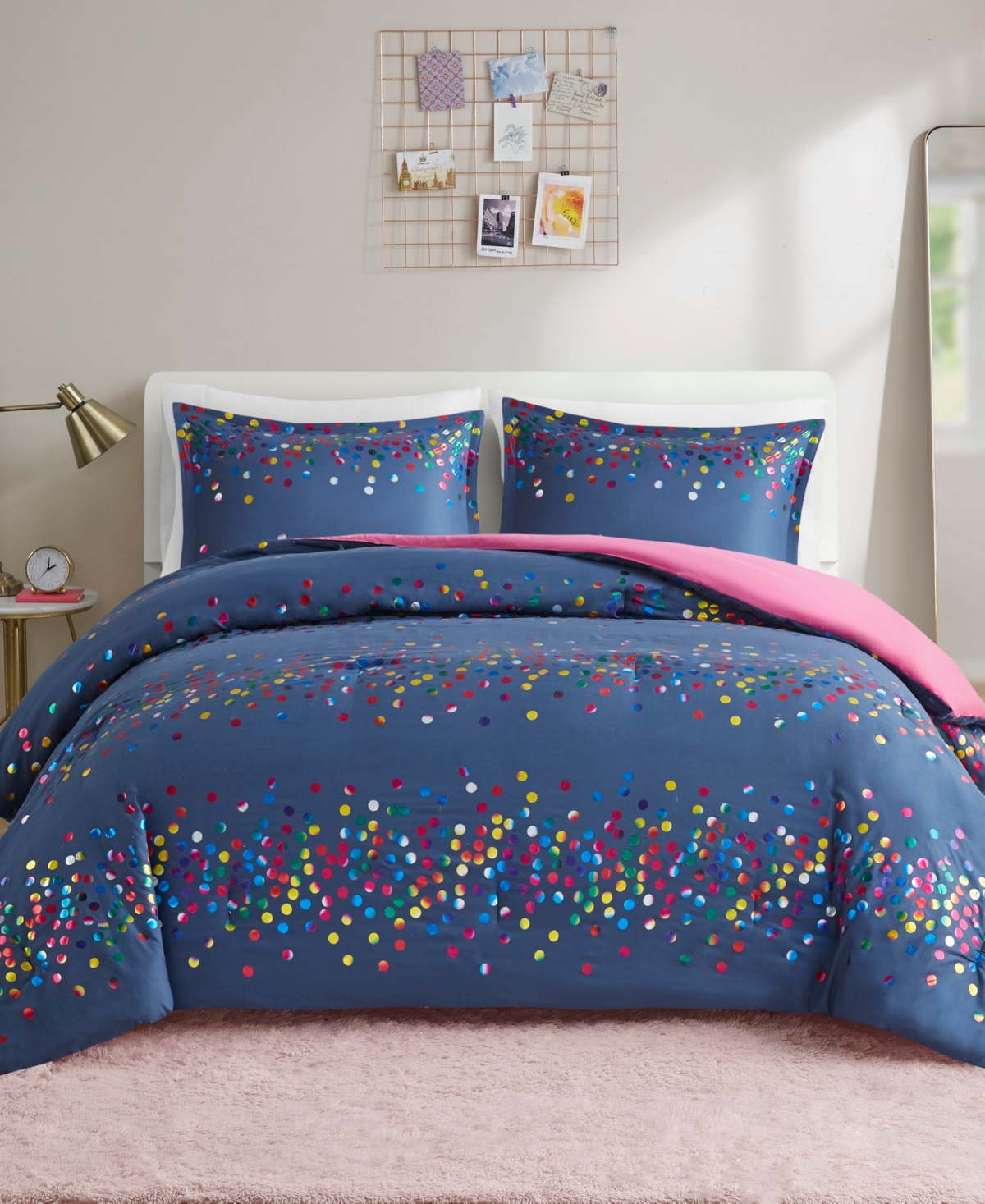 Intelligent Design Closeout!  Janie Rainbow Iridescent Metallic Dot 3-piece Comforter Set, Full/queen In Navy
