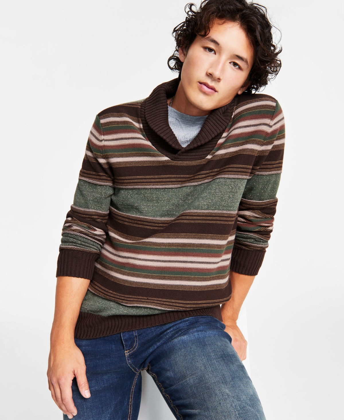 Men's Blanket Stripe Shawl Sweater, Created for Macy's - Rich Chocolate