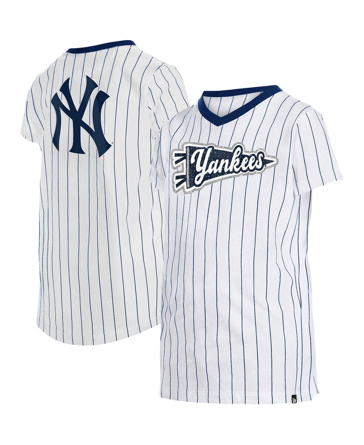 NEW ERA BIG GIRLS NEW ERA WHITE NEW YORK YANKEES PINSTRIPE V-NECK T-SHIRT