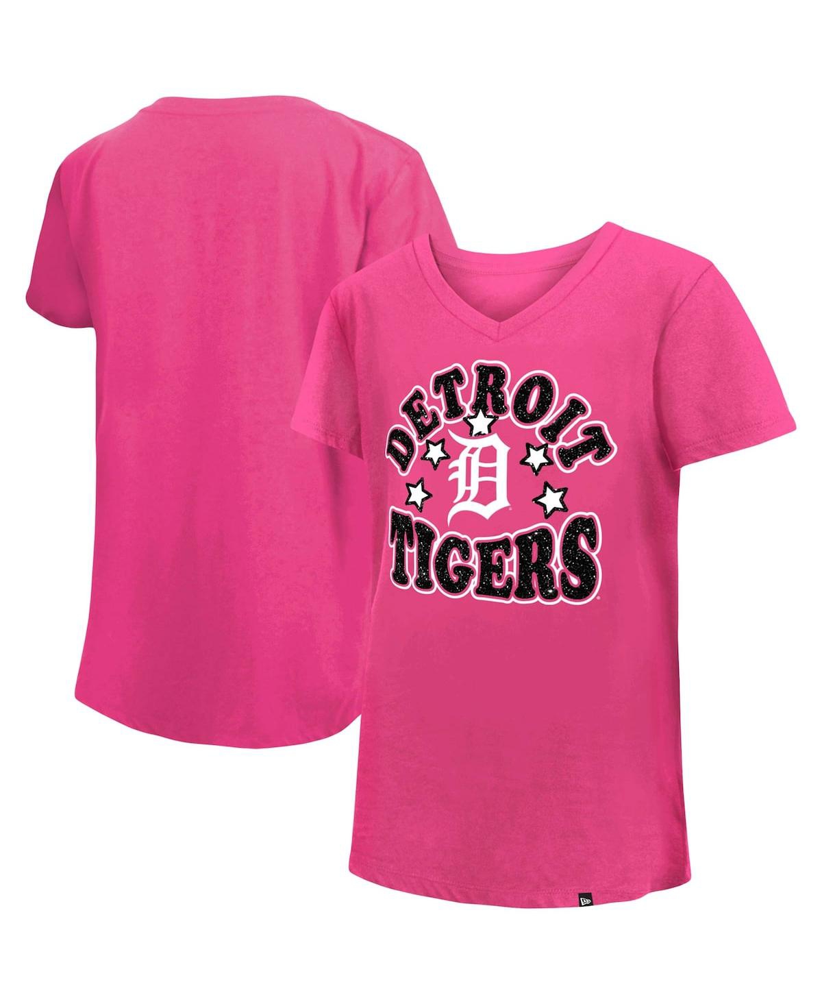 NEW ERA BIG GIRLS NEW ERA PINK DETROIT TIGERS JERSEY STARS V-NECK T-SHIRT