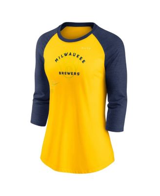 Women's Gold, Navy Milwaukee Brewers Next Up Tri-Blend Raglan 3/4-Sleeve T-shirt